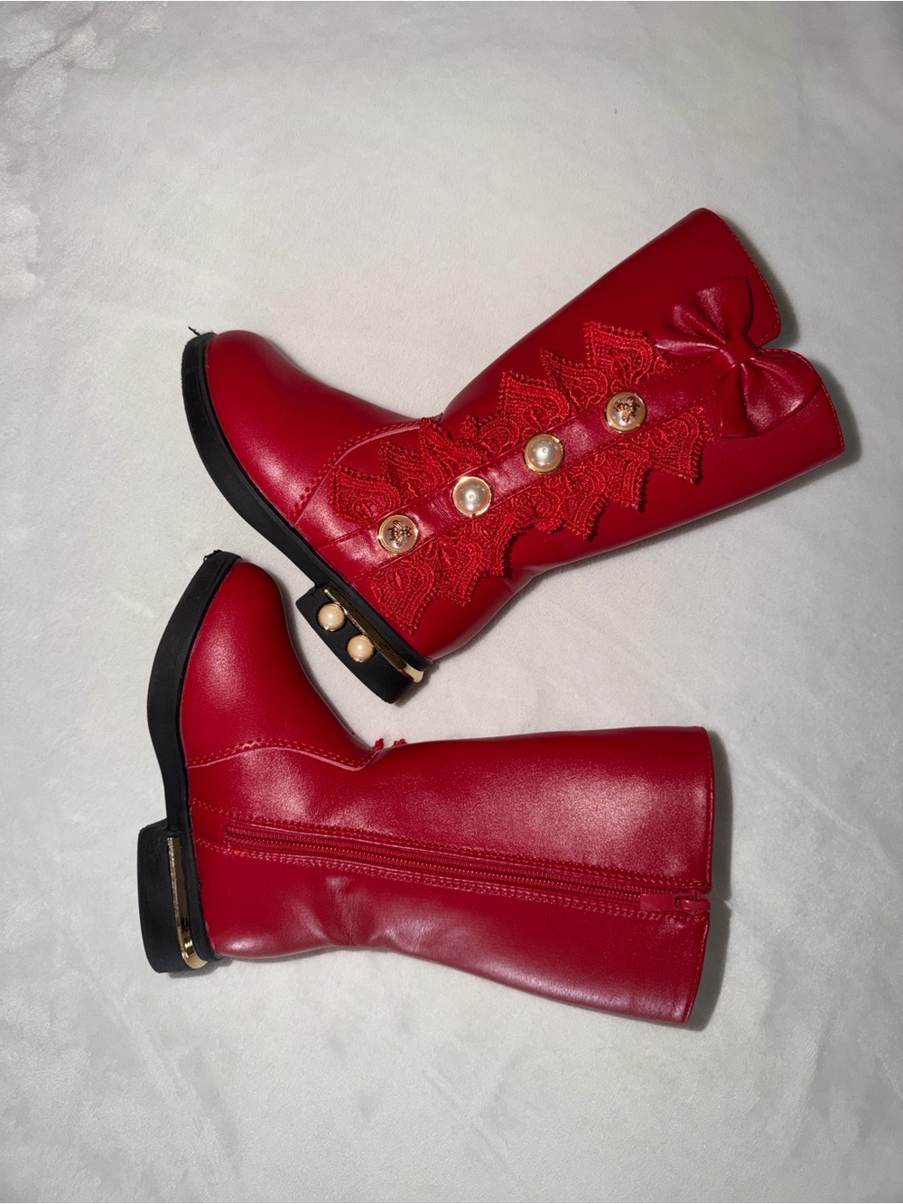 Girls Red Pearl Accent Mid-Calf Boots
